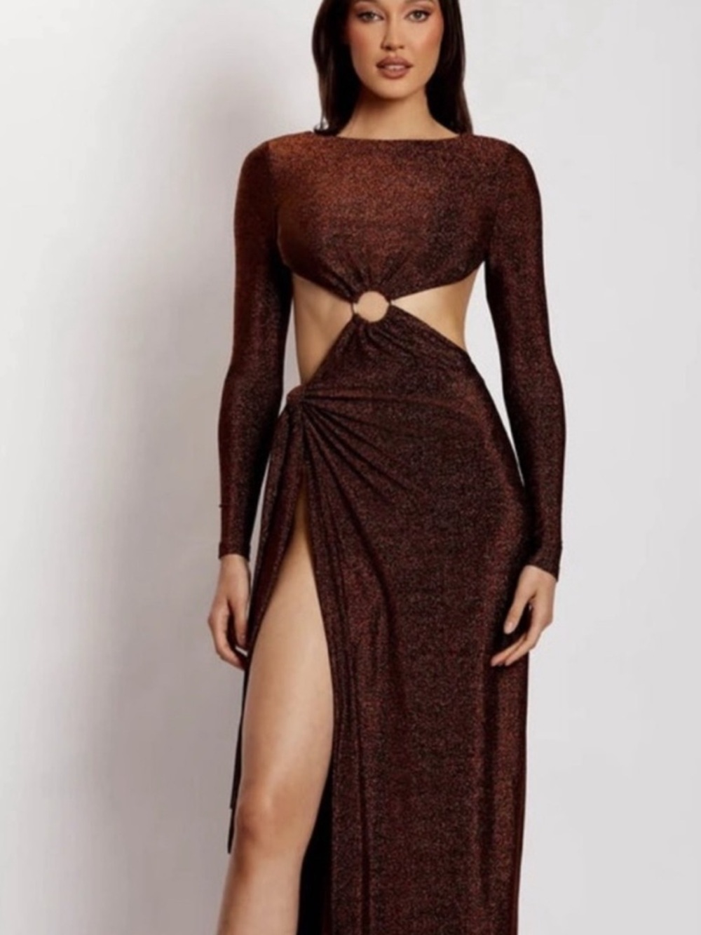 MESHKI Christina Brown Gold
Backless Long Sleeve Maxi Wrap
Dress